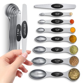 Magnetic Measuring Spoons Set with Strong N45 Magnets, Heavy Duty Stainless Steel Metal, Fits in Most Kitchen Spice Jars for Baking & Cooking, BPA Free, Multicolor, Set of 8 with Leveler（Black)