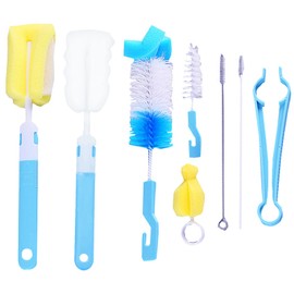 Juego de 8 cepillos para botellas, limpiador de tazas, juego de cepillos de esponja desmontables, mango largo, cepillo para polvo para pezones para bebé, cepillo para polvo para pajita, abrazadera para botella