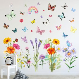Flower Wall Stickers Colorful Butterfly Wall Stickers Garden Flower Wall Decals Daisy Wildflower Butterflies Rainbow Wall Stickers for Nursery Girls Boys Kids Bedroom Living Room Wall Decoration