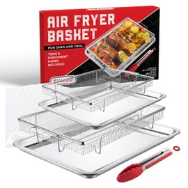Air Fryer Basket for Oven(Set of 2) – Stainless Steel Air Fryer Tray and Pan Set with 50 Parchment Papers & Food Tongs – Oven Air Fryer Basket and Tray for Baking, Grilling, Crisping