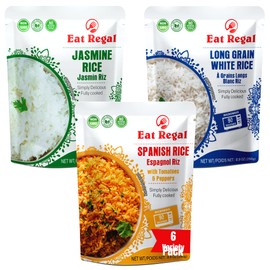 Eat Regal Rice 3 Flavor Ready to Eat Variety Pack of 6, 8.8oz with Spanish, Thai Jasmine, Long Grain White Rice | Side Dish | Microwavable Food | Rice Microwavable | Heat and Eat