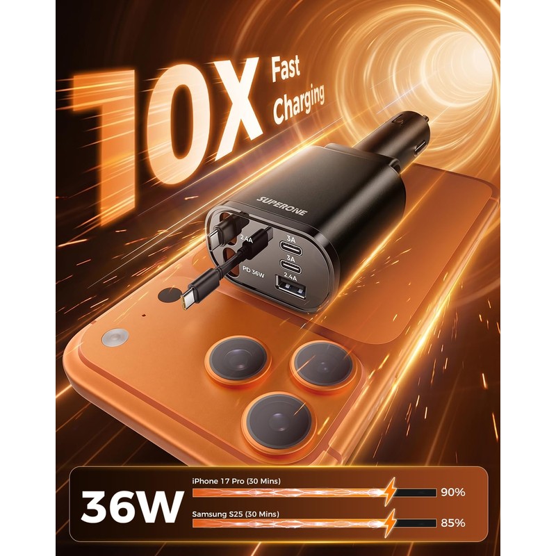 SUPERONE 5 in 1 Retractable Car Charge with Dual Type