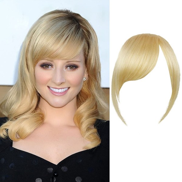 Thick Side Fringe Clip-In Real Hair, 100% Real Hair, Bangs, Side Bangs, Straight Fringe Hair Extensions (Thick Fringe with Temples, Blonde)