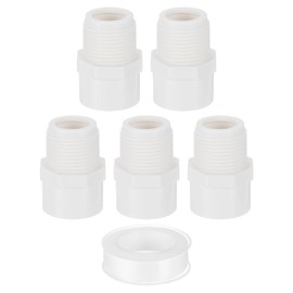 uxcell PVC Male Adapter Pipe Fitting, 5Pcs 3/4" 2-Way PVC Pipe Connectors with Sealant Tape (Socket x Male Thread), Hose Adapter Coupling for Plumbing Water Line (White)