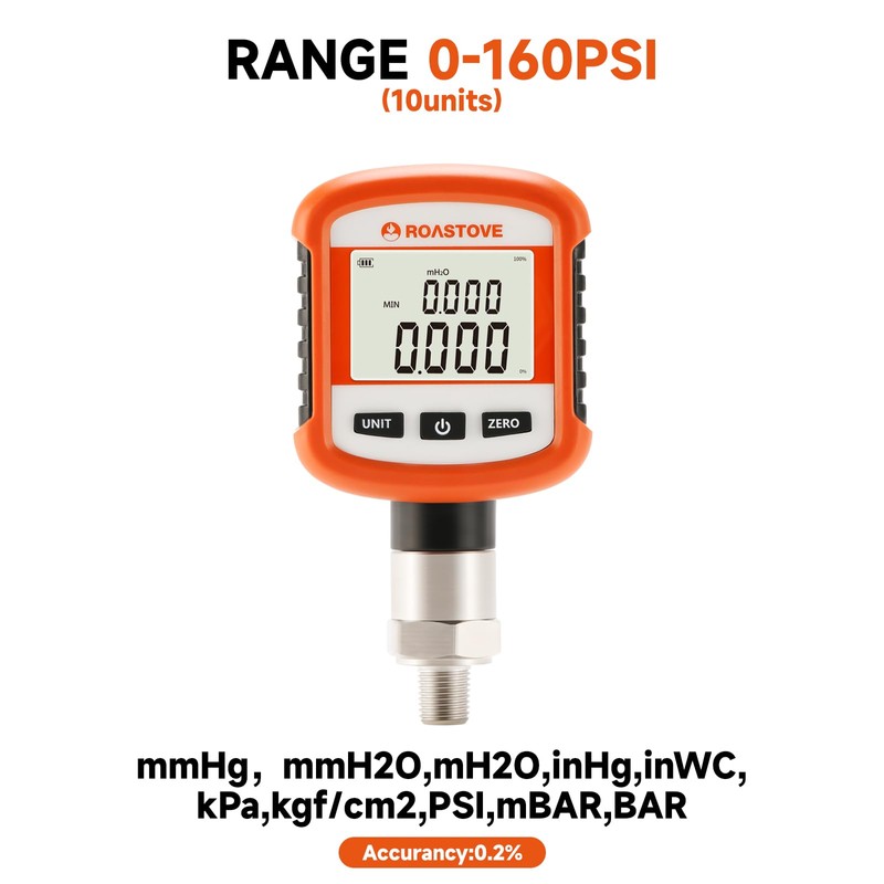 Roastove Digital Industrial Pressure Gauge 0-160psi, 0.2% FS, 1/4''NPT Lower,