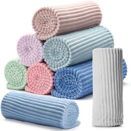 8 Pcs Pastel Colors Flannel Throw Blanket Bulk 50 x 60 Inch with Striped Ribbed Throw Blanket Soft Lightweight Winter Blankets for Sofa Room Couch Donation Homeless Wedding Gifts