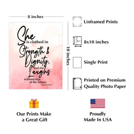 She Is Clothed In Strength & Dignity-Bible Verse Wall Art, Inspirational Proverbs 31 Woman Encouraging Christian Scripture Wall Print, Ideal For Home Decor, Office Decor, Church Decor. Unframed-8x10"