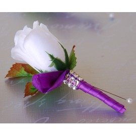 Angel Isabella White Rose Boutonniere with Purple Ribbon