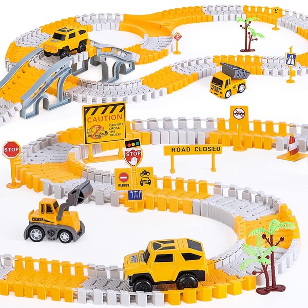 Vubkkty 257 Pieces Construction Racing Track Toy Set, Includes Excavator, Bulldozer, Loader, Two Electric Cars, Car Racing Track Toy from 3 4 5 6 Years Boy Girl Gift