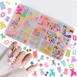 editTime 300PCS Kawaii Colorful Resin Acrylic 3D Gummy Bear Multi-Sized Heart Star Nail Charms with Snowflake Heart Star Slice (Multicolor6)