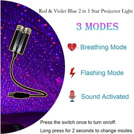 USB Star Night Lights Projector, LEDCARE Sound Activated 3 Modes 2 in 1 Interior Car Roof Lamp, Adjustable Romantic Portable LED Lights for Car Ceiling Bedroom Decoration, Red Purple