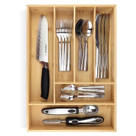 Pristine Bamboo Silverware tray organizer– Flatware Utensil Cutlery Silverware Holder for Drawer – Small Extra-Deep Wooden Kitchen Drawer Organizer Divider for Spoons Forks Knives cutleries (6-Slots)