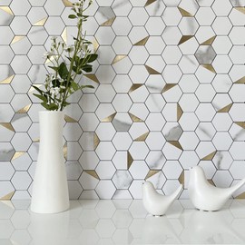 DICOFUN 1 Sheet Hexagon Tile Peel and Stick Backsplash, White Marble Look PVC Mixed Golden Metal Mosaic Tile for Kitchen and Bathroom