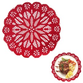 Red Lace Placemat for Dining Table, Round Placemats with Artisanal Coaster, Vintage Crochet Doilies, Elegant Lace Placemats, Retro Laces Doily Placemat, Great for Formal Dining and Special Occasions