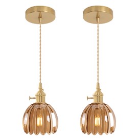 Shenmoyl Mini Pendant Light 2 Pack with Amber Tulip Glass Lmapshade, Brass Vintage Pendant Light Adjustable Hanging Light for Kitchen Island Dining Room Hallway