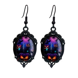 Gothic Pumpkin Cameo Earrings, Vintage Crystal Glass Pumpkin Dangle Earrings - Punk Style Dark Oval Goth Victorian Festival Jewelry for Women (D)