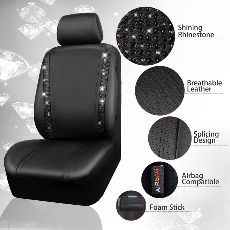 CAR PASS Leather Bling Diamond Car Seat Covers Full Set,