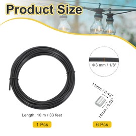 PATIKIL 3mm Wire Rope, 33 ft 304 Stainless Steel Wire Cable Black Vinyl Coated with 20pcs M3 Crimping Sleeves for Hanging Lights Clotheslines Trellis Wire, Black