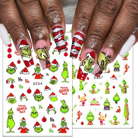 12Sheets Christmas Nail Art Stickers Green Fun Cartoon Santa Claus Designs Nail Decals Xmas Tree 3D Self-Adhesive Winter Holiday Nail Decoration Xmas DIY Manicure Accessories Supplies for Women Kids