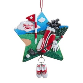 Kurt Adler 4-Inch Star Shaped Golf Ornament – Resin Golf Course Scene with Clubs, Shoes, and “Hole in One” Banner, Red/Green/White J8895