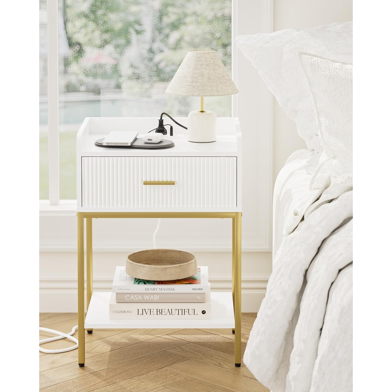 Apetaccat Nightstand with Charging Station, 3-Tier Bed Side Table, Small