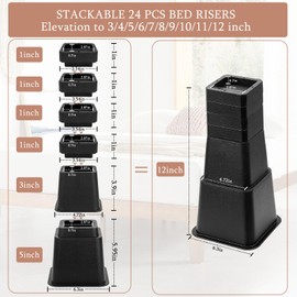 24 PCS Adjustable Bed Risers 12 Inch Heavy Duty, Furniture Risers Elevation in Heights 3, 4, 5, 6, 7, 8, 9, 10, 11, 12 Inch for Couch, Sofa, Table, Chair, Raisers Support up to 6,000 lbs, Black