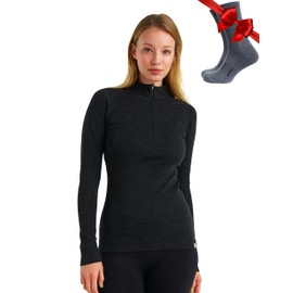 Merino Wool Base Layer Women - 100% Merino Half Zip Sweater Women Lite, Midweight, Heavyweight Thermal Shirts and Socks (Small, 250 Charcoal Grey)