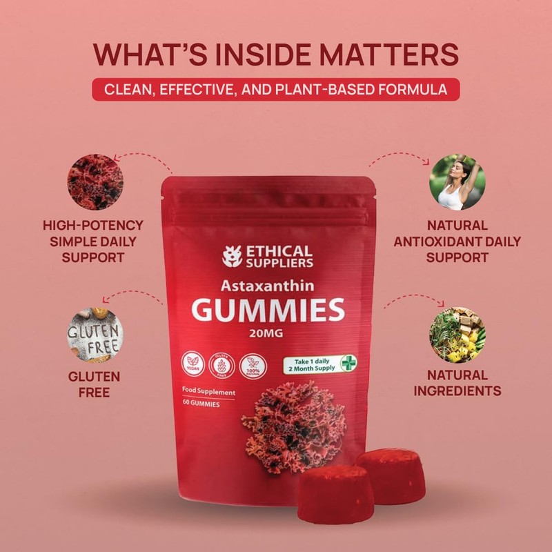 Astaxanthin Gummies - 60 Vegan Astaxanthin 20mg Gummies - 60