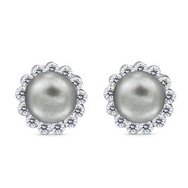 AeraVida Classic Sparkling Cubic Zirconia Around a Gray Faux Pearl Post Stud Earrings