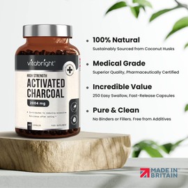 Activated Charcoal Capsules - 250 Capsules - 2004mg per Serving of 6 Capsules - from Natural Coconut Shell - for Indigestion, Bloating, Excessive Flatulence, Gas - Vegan - Made in UK by VitaBright