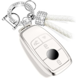 CTRINEWS for Mercedes Key Fob Cover with Luxury Diamond Braided Keychain, Upgraded Soft Case for Benz GLC GLE GLA GLB GLS AMG A C E G S Class (4 Buttons) Shell (Silver Bling,B2)
