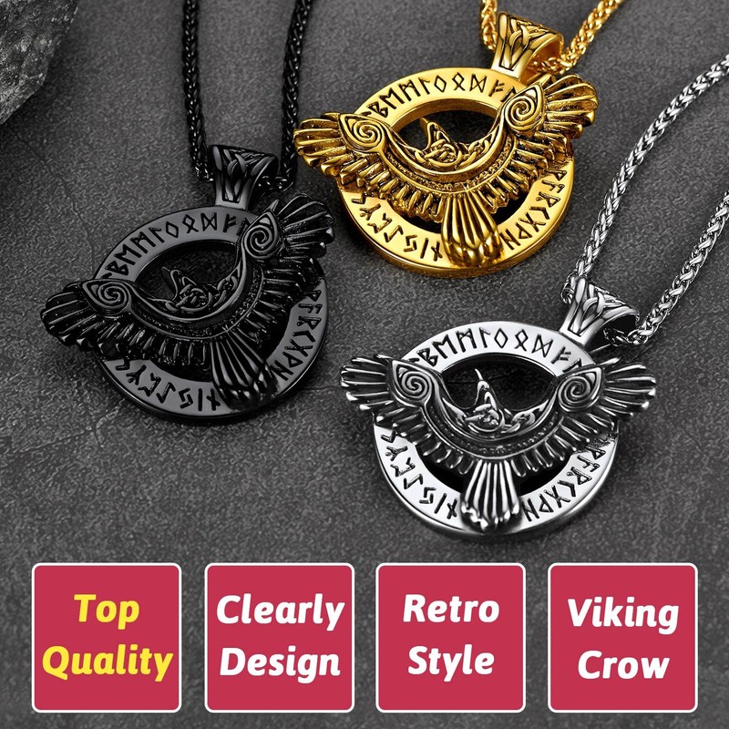 Retro Viking Necklace Mens Raven Pendant Neck Chains for Female