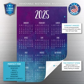 Annual Year-At-A-Glance Calendar Sticker Decal | Removable and Repositionable (Watercolor 2025, 6 x 9 inches)