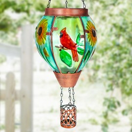 Solar Hot Air Balloon Lantern with Flame， Cardinal Glass Solar Hanging Lights Outdoor Yard Patio Farmhouse Decoration, Cardinal Gifts for Women Grandma Mom - Cardinal