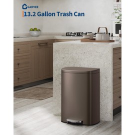 Garvee 13 gal / 50 L Metal Kitchen Trash Can with Lid, Large Rustproof Garbage Can for Kitchen, Step-on Trash Bin with Inner Bucket, Rear Handle, Soft Close Lid, Brown