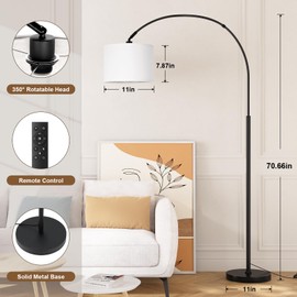 Ambimall Dimmable Arc Floor Lamp with Remote, Color Temperatures and Brightness Adjustable, Arched Floor Lamp with Rotating Head, Over Couch Arched Reading Light for Living Room (White and Black)