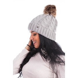 HEYO Ladies Knitted Winter Hat with Large Faux Fur Bobble HCD006, gray