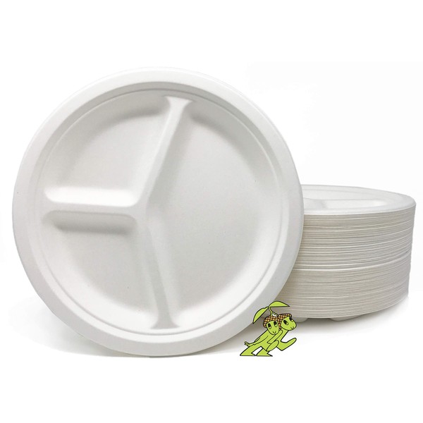 100% Compostable Heavyweight 10 inch 3 compartment plates (White), 500ct