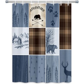 bzwcbei Rustic Cabin Bear Deer Shower Curtain, Blue Country Plaid Shower Curtain Set for Bathroom, Farmhouse Forest Nature Fabric Shower Curtain Restroom Bathtub Decor Accessories with Hooks (47x64)