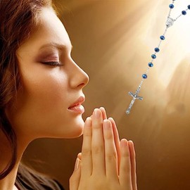 Kuesn Deep Blue Crystal Beads Rosary Catholic Necklace Holy Soil Medal and Catholic for Women Gemstone Rosary Beads Necklace with Crucifix Cross Crystal (Blue)