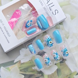 24Pcs Flower Press on Nails Medium Long Square Fake Nails Blue Flower with Daisy Full Cover Glue on Nails Artificial Glossy Designs Spring Summer False Nails Stick on Nails for Women Acrylic Nails