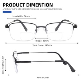 FEIVSN Bifocal Reading Glasses for Men, Half Metal Frame Flexible Titanium Arm Bi-focal Readers Blue Light Blocking Black +Gun Metal, +1.50