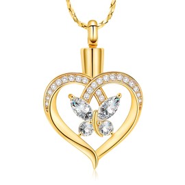 Imrsanl Butterfly Urn Necklaces for Women Girls Birthstone Cremation Jewelry Urns Pendant for Human Ashes Memorial Locket Keepsake Jewelry (Gold-White)