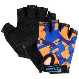 Mecmbj Child Half Finger Cycling Gloves, Children's Sports Gloves, Non-Slip Children's Sports Gloves, for Cycling, Boating, Yoga, Skating, Climbing - Camouflage Orange (Applicable Age: 6-12 Years)