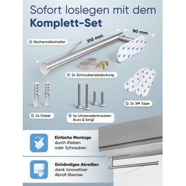 WOHNHELD® Kitchen Roll Holder No Drilling [With Roll Brake for One-Handed Tearing] Silver I Stainless Steel I Paper Roll Holder I Zewa Roll Holder I Wall I Kitchen Workshop Motorhome