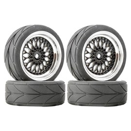 LAFEINA 4PCS/Set 64mm Rubber Tires & Plating Plastic Wheels Rims Replacement Part for 1/10 RC On-Road Touring Car Racing Car (Black & Silver, Offset 6mm)