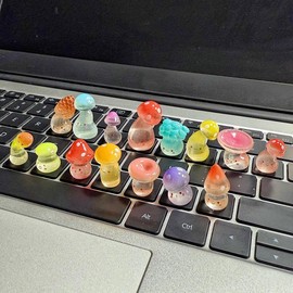 Cute 3D Keyboard Stickers for Nail-Art Typing,Resin Mushroom Self-Adhesive PC Keyboard Keys for Long Nails Typing and Gaming,Noctilucent Mushrooms Keycap Riser for Nail Art Protective (Mushroom,16pcs)