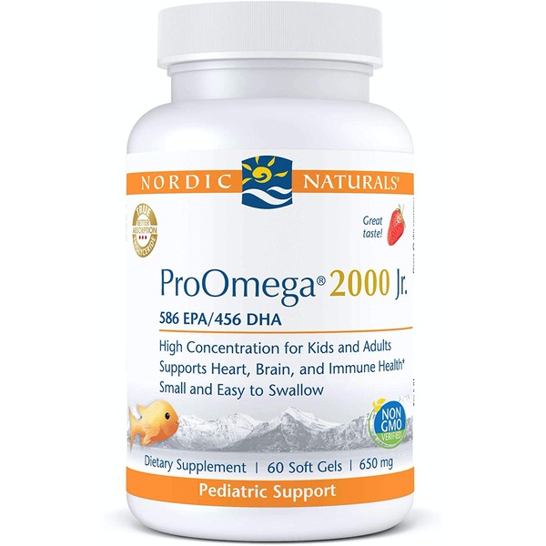 Nordic Naturals ProOmega 2000 Jr, Strawberry Flavor - 1120 mg Omega-3-60 Count - Easy to Swallow, Ultra Potent Fish Oil - EPA & DHA - Promotes Brain, Heart, Immune Health - Non-GMO - 30 Servings