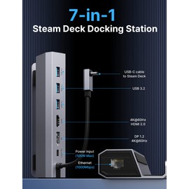JSAUX Docking Station for Steam Deck/Rog Ally/Legion Go, 7-in-1 Steam Deck Dock with HDMI 4K@60Hz, DisplayPort, Gigabit Ethernet, USB A 3.2 and 100W Charge Compatible with Steam Deck OLED-HB0702