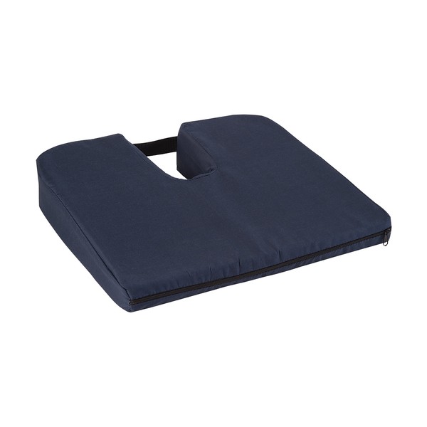 DMI Sloping Back Foam Seat Cushion for Coccyx Pain Relief, For Use with Chairs and Wheelchairs, With Cover, 14 x 18 x 3 to 1 - 1/2 Inches, Navy.